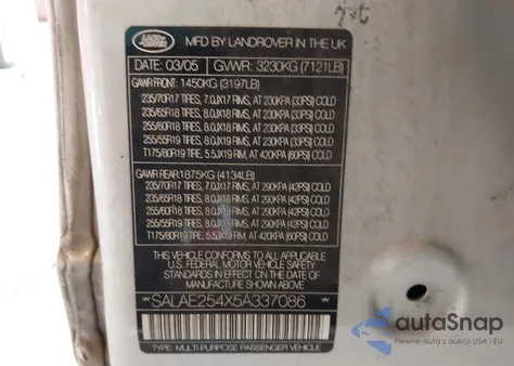 2005 Land Rover Lr3 Se z USA, uszkodzony, nr VIN SALAE254X5A337086